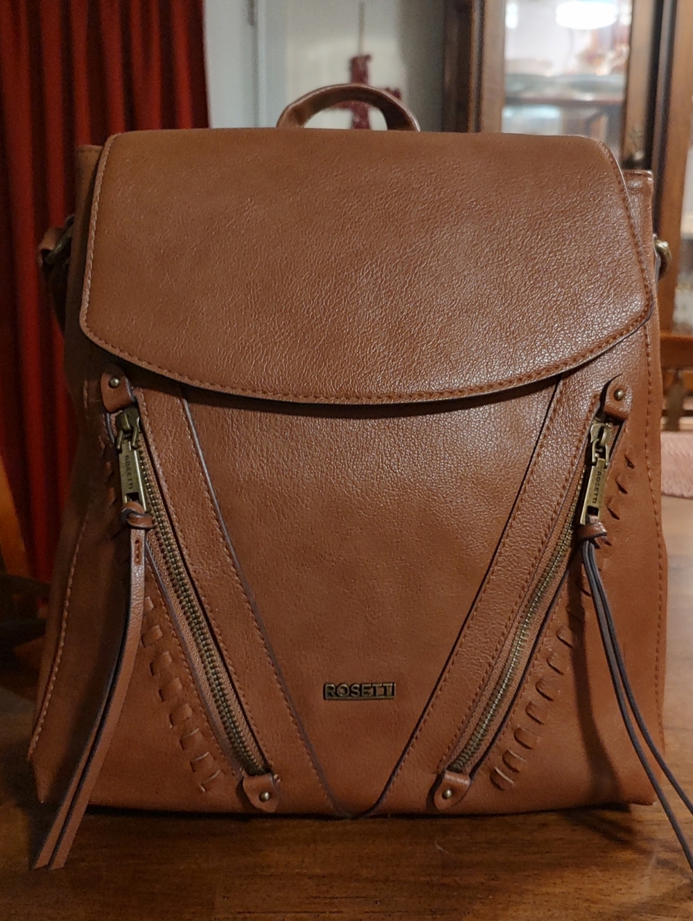 Rosetti Cognac Faux Leather Backpack with Front Zippers